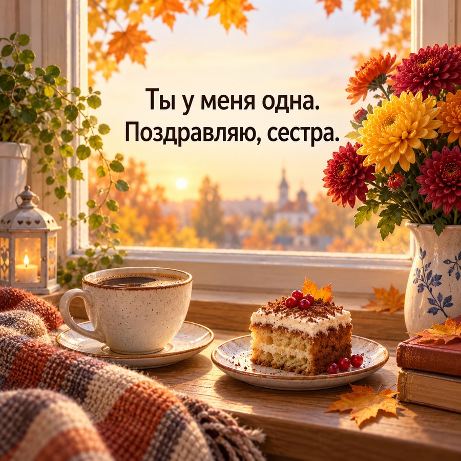 Открытка сестре от брата: Ты у меня одна, осенняя терраса с хризантемами