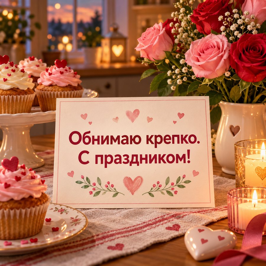 Тёплая открытка сестре: Обнимаю крепко, капкейки и розы