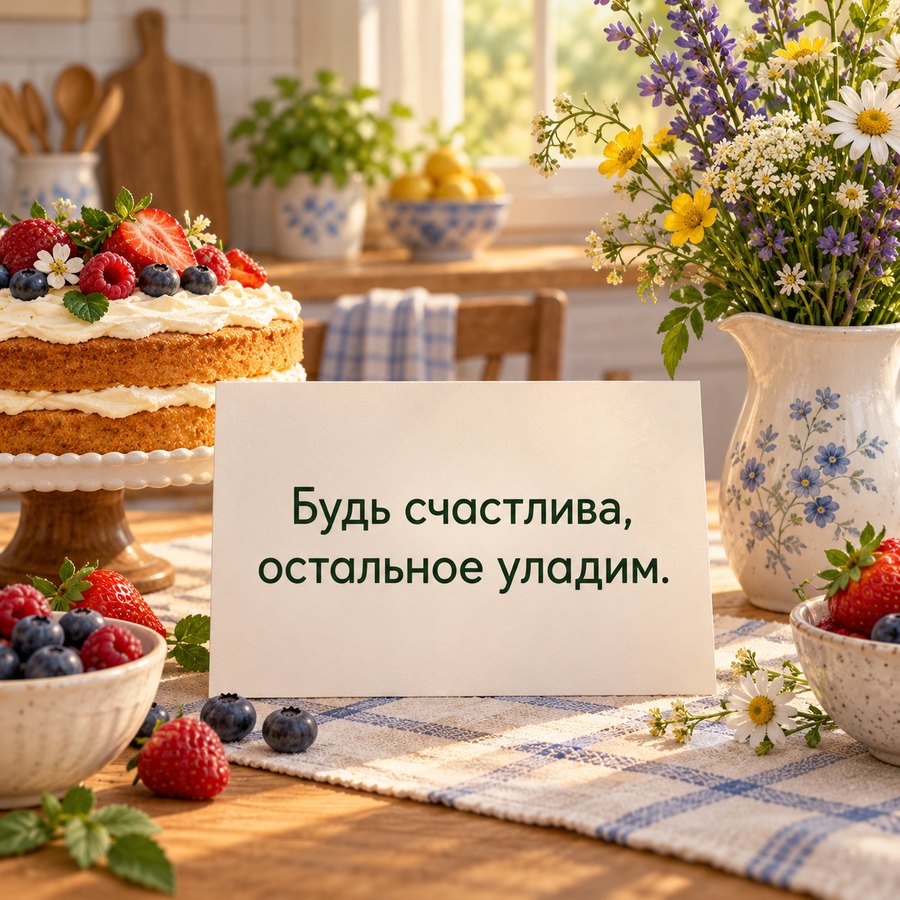 Смешная открытка сестре с днём рождения: Будь счастлива, остальное уладим, торт и полевые цветы