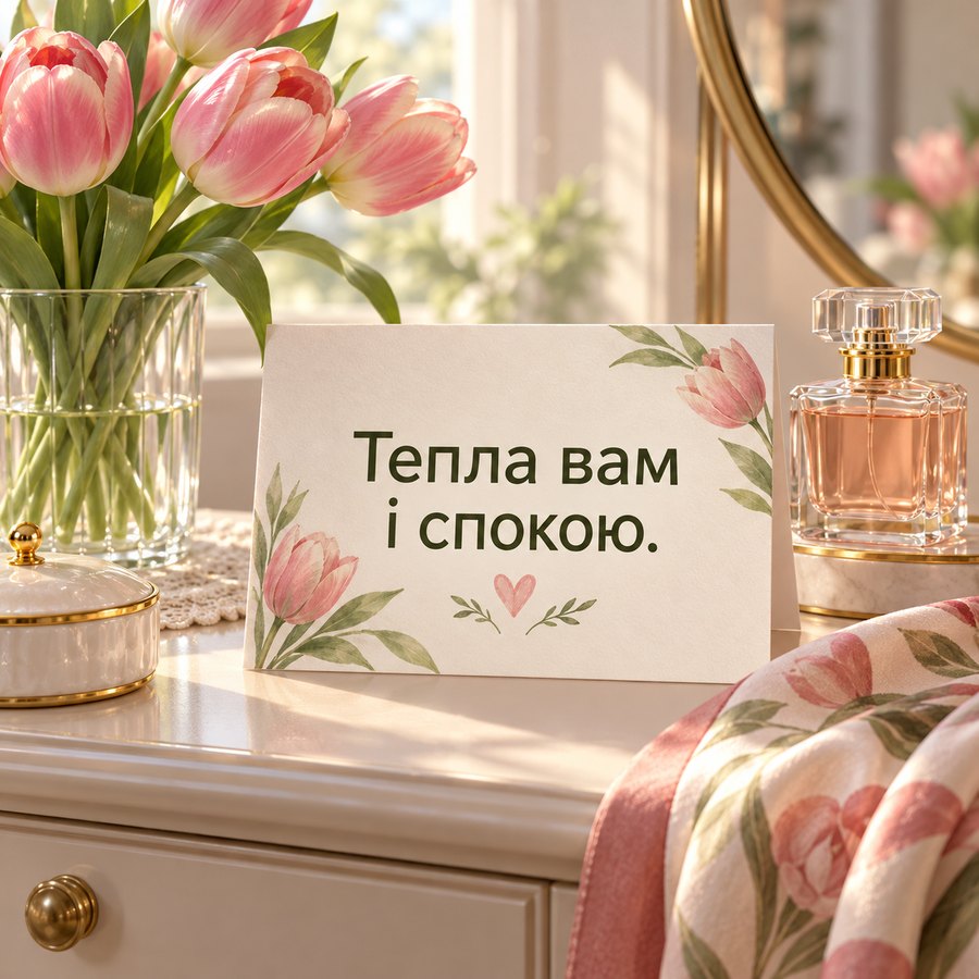 Зворушлива листівка жінці: Тепла вам і спокою, тюльпани і парфуми