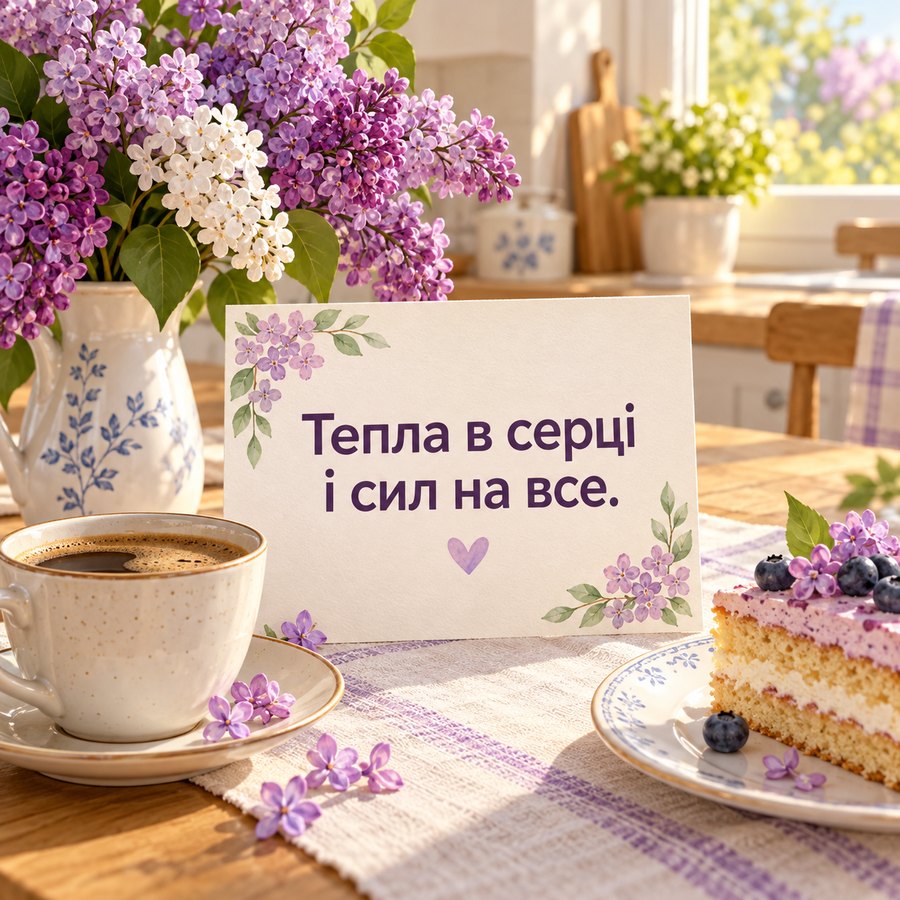 Листівка мамі на день народження: Тепла в серці і сил на все, бузок і кава