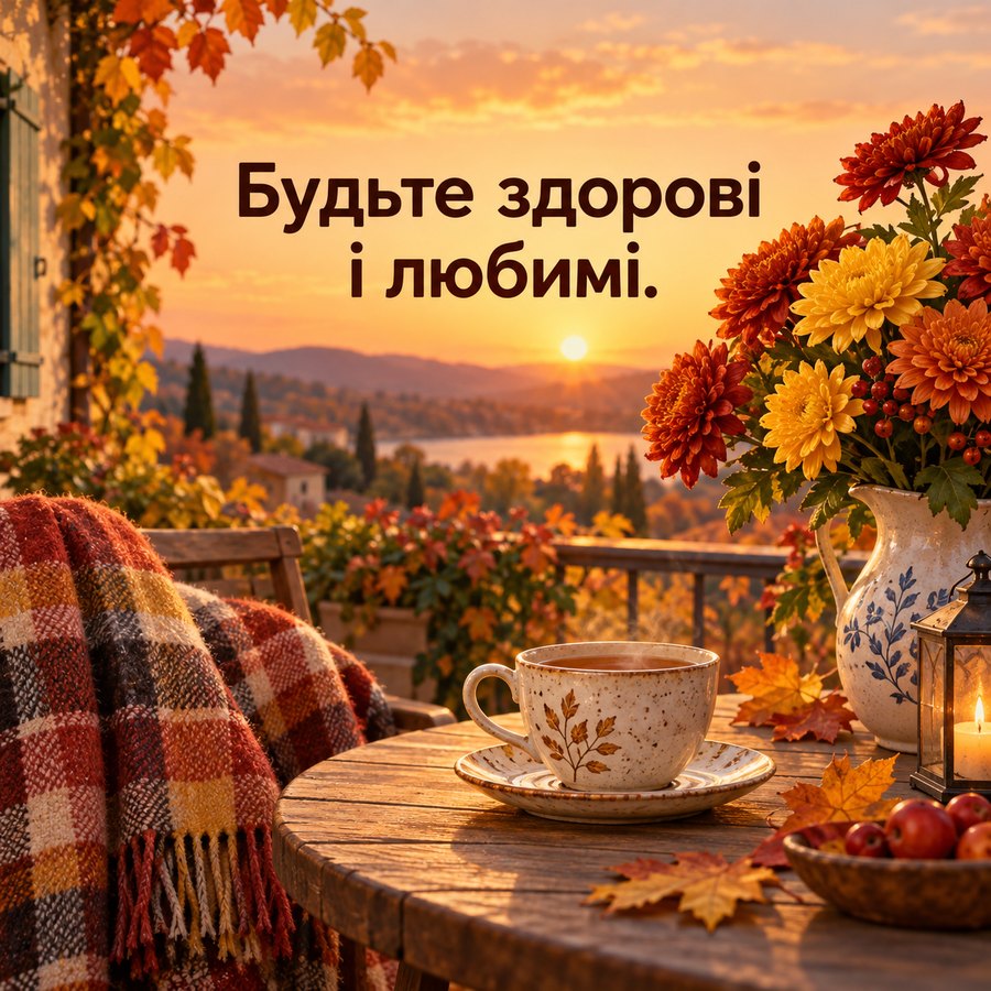 Стильна листівка жінці: Будьте здорові і любимі, осіння тераса з хризантемами