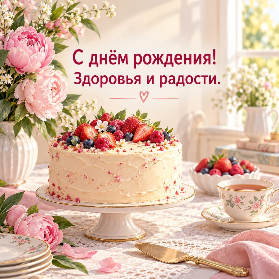 Красивая открытка женщине на день рождения: торт с ягодами и букет пионов