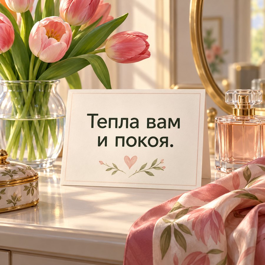 Трогательная открытка женщине: Тепла вам и покоя, тюльпаны и духи