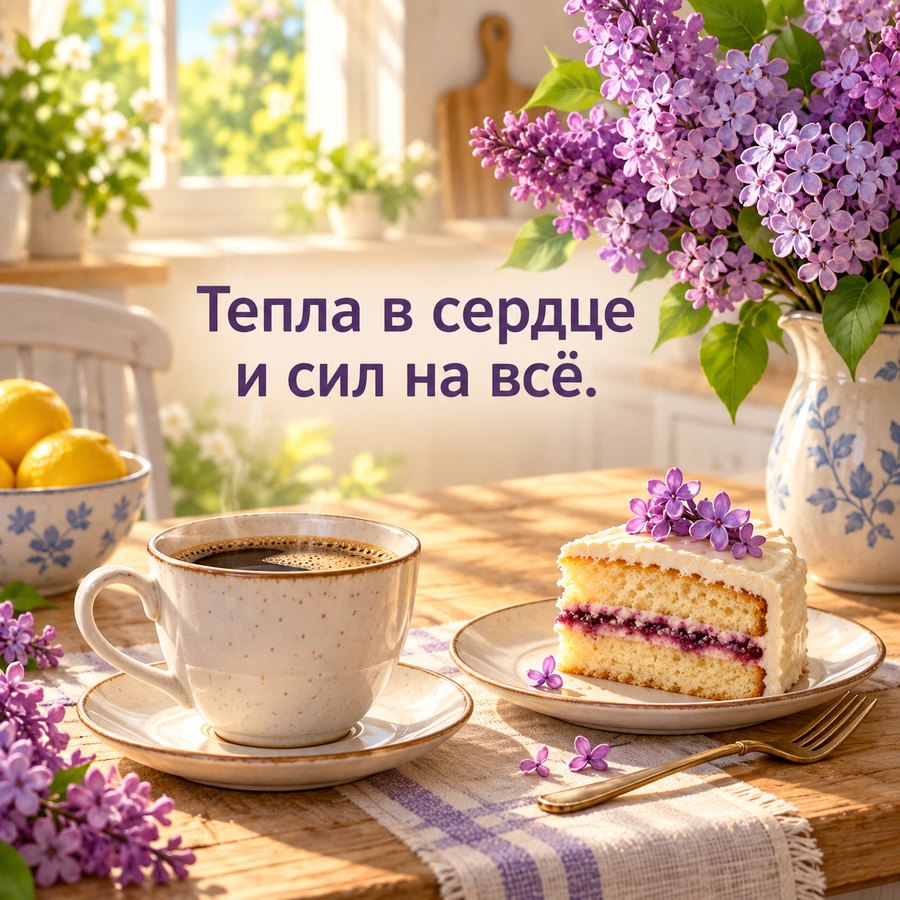 Открытка маме на день рождения: Тепла в сердце и сил на всё, сирень и кофе