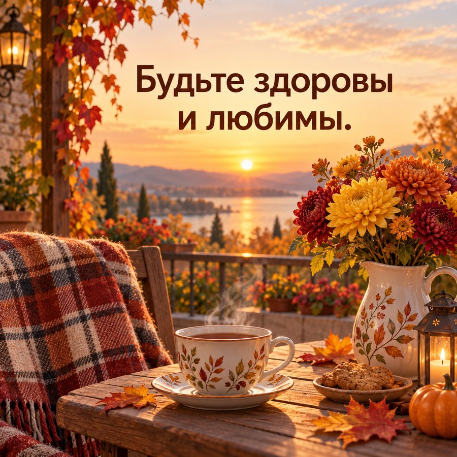 Стильная открытка женщине: Будьте здоровы и любимы, осенняя терраса с хризантемами