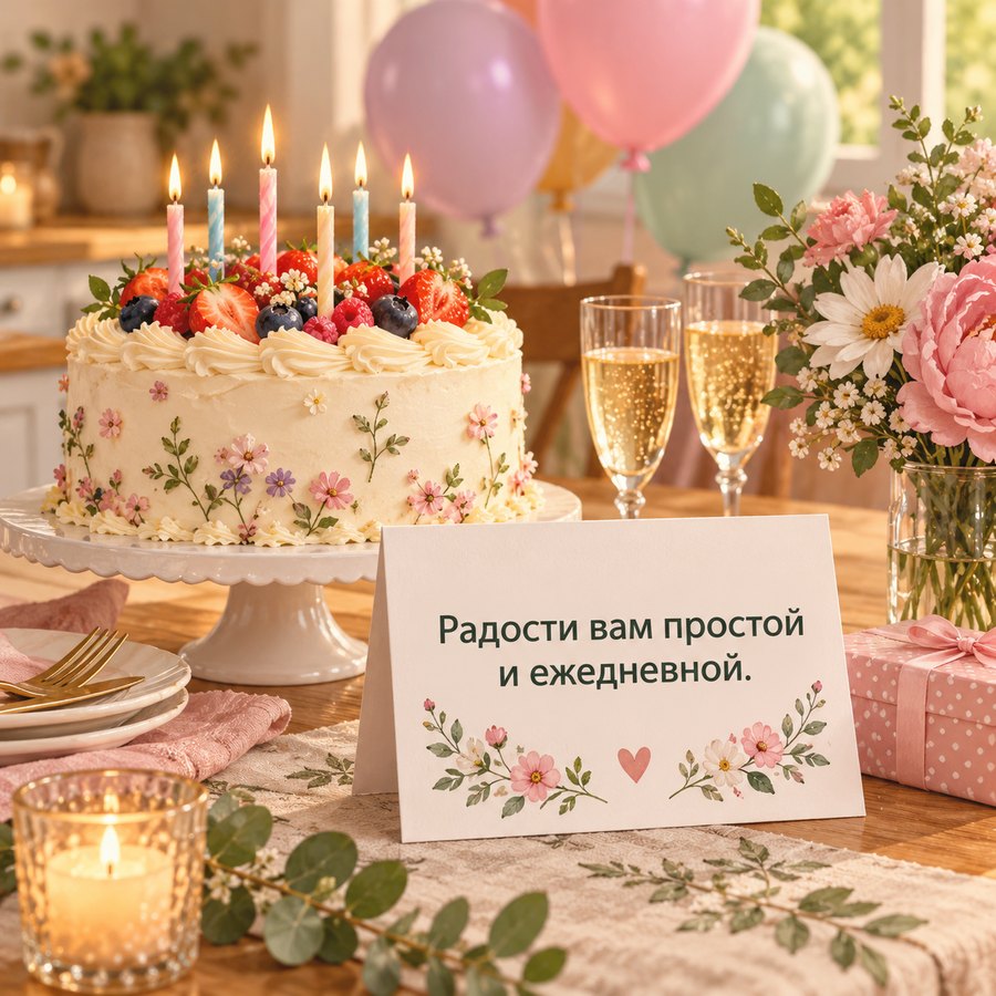 Изысканная открытка женщине с днём рождения: Радости вам простой и ежедневной, торт и шары