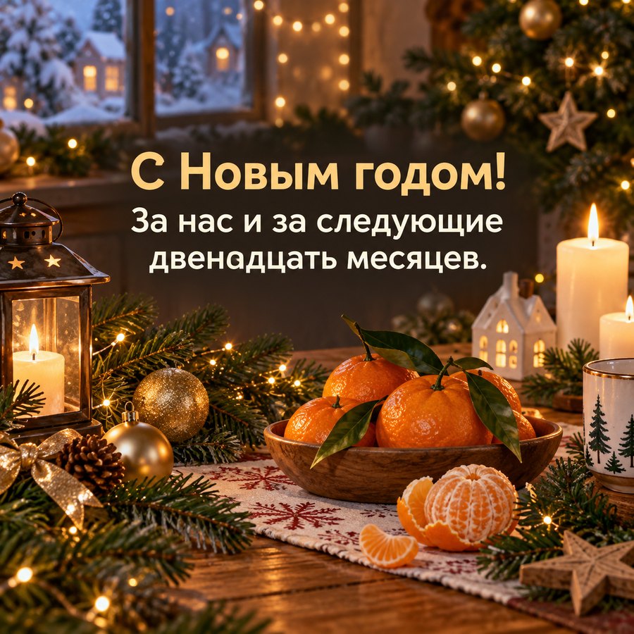 Новогодняя открытка: С Новым годом! За нас и за следующие двенадцать месяцев