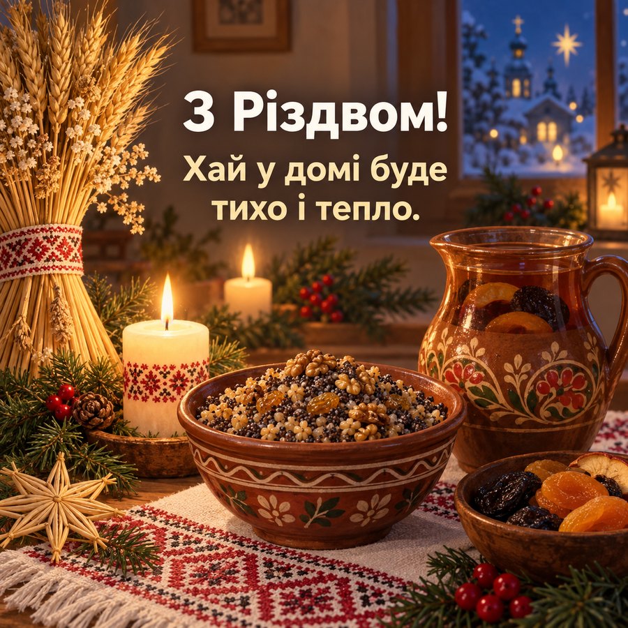 Різдвяна листівка: З Різдвом! Хай у домі буде тихо і тепло