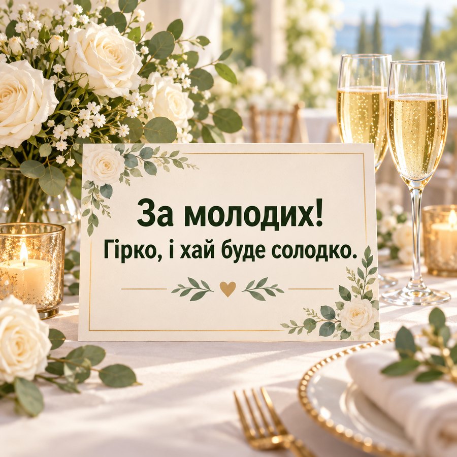 Весільна листівка: За молодих! Гірко, і хай буде солодко