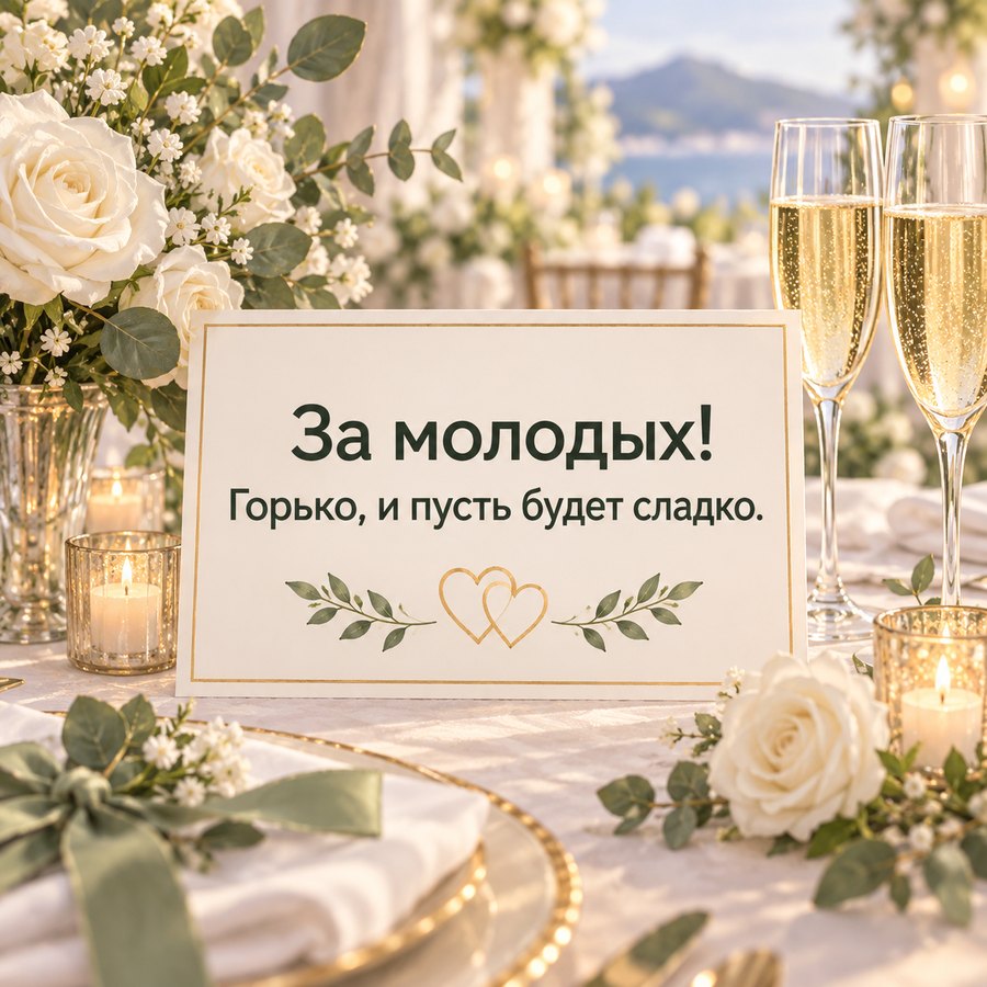 Свадебная открытка: За молодых! Горько, и пусть будет сладко