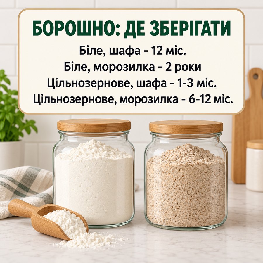 Терміни зберігання борошна: біле в шафі 12 місяців, у морозилці до 2 років, цільнозернове в шафі 1-3 місяці, у морозилці 6-12 місяців