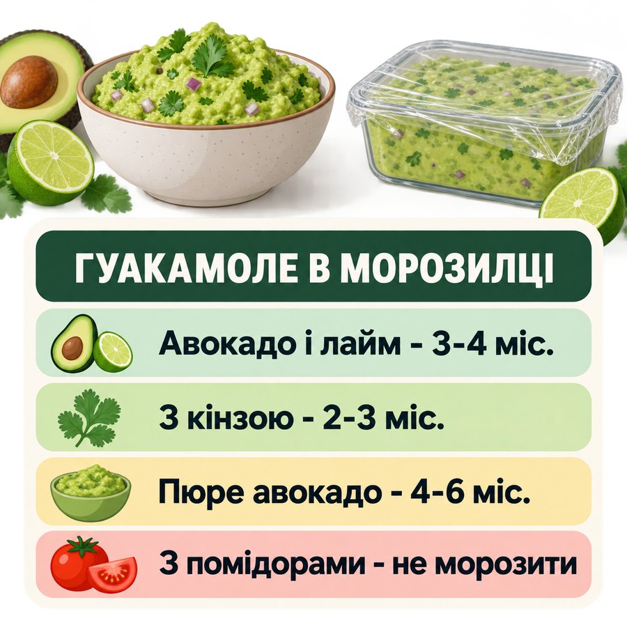 Сроки заморозки гуакамоле: с авокадо и лаймом 3-4 месяца, с кинзой 2-3 месяца, пюре авокадо 4-6 месяцев, с помидорами морозить не стоит