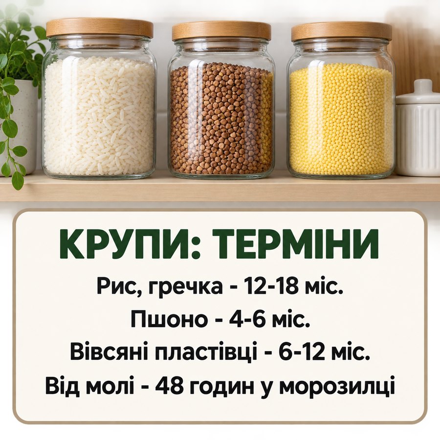 Сроки хранения круп: рис и гречка 12-18 месяцев, пшено 4-6 месяцев, овсяные хлопья 6-12 месяцев, от моли 48 часов в морозилке