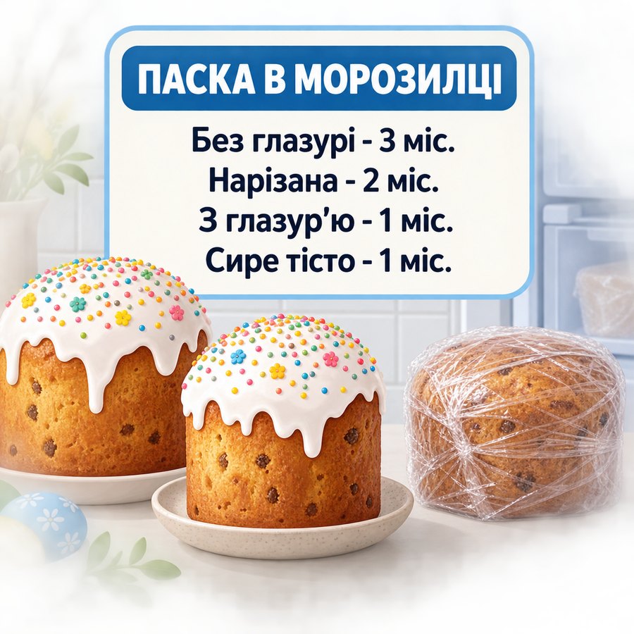 Терміни заморозки паски: без глазурі до 3 місяців, нарізана 2 місяці, з глазур'ю 1 місяць, сире тісто 1 місяць