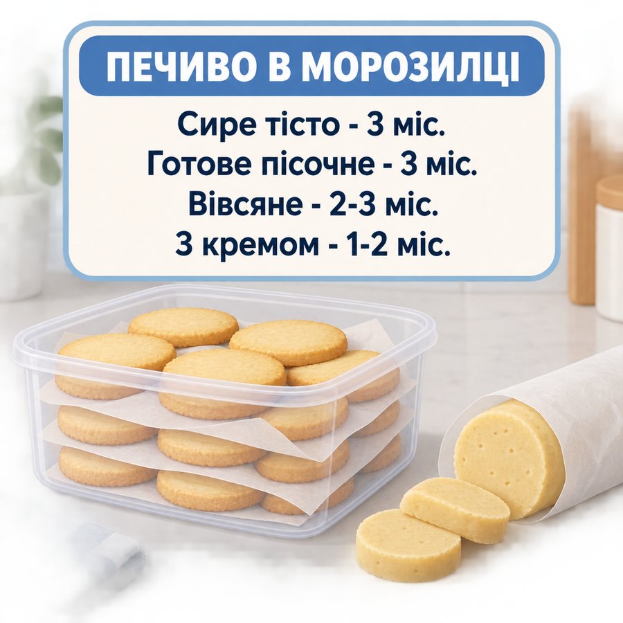 Терміни заморозки печива: сире тісто 3 місяці, готове пісочне 3 місяці, вівсяне 2-3 місяці, з кремом 1-2 місяці
